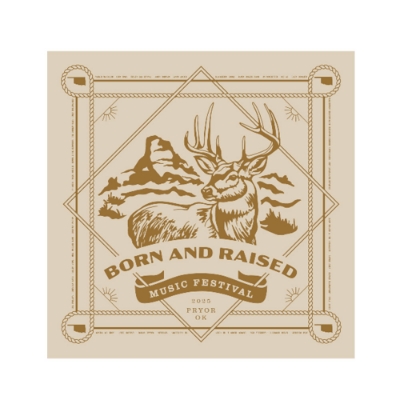 Born & Raised Music Festival bandana with deer and mountain artwork in western rope frame