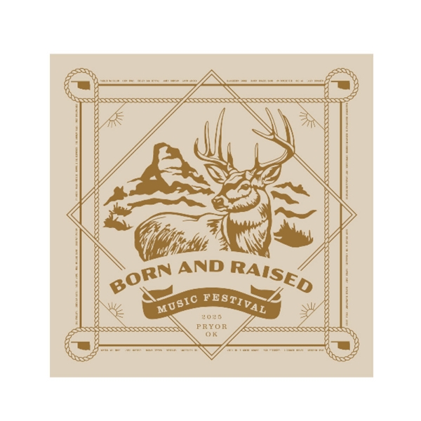 Born & Raised Music Festival bandana with deer and mountain artwork in western rope frame