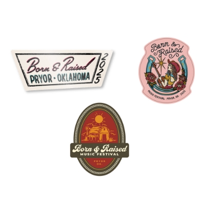 Born & Raised Music Festival 2025 decal pack featuring three unique sticker designs: marquee sign, cowgirl graphic, and sunset barn illustration
