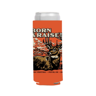 Born & Raised Music Festival skinny koozie with desert deer illustration in orange and brown
