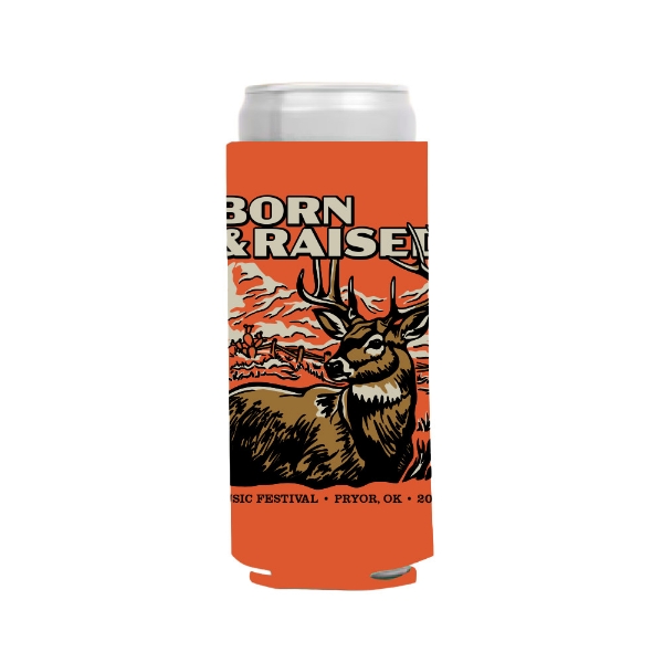 Born & Raised Music Festival skinny koozie with desert deer illustration in orange and brown