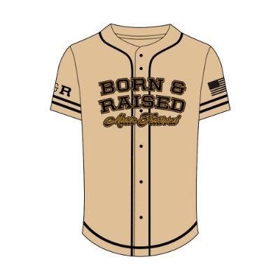 Front view of tan Born & Raised Baseball Jersey with black and gold logo and sleeve stripes