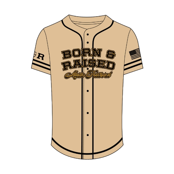Front view of tan Born & Raised Baseball Jersey with black and gold logo and sleeve stripes