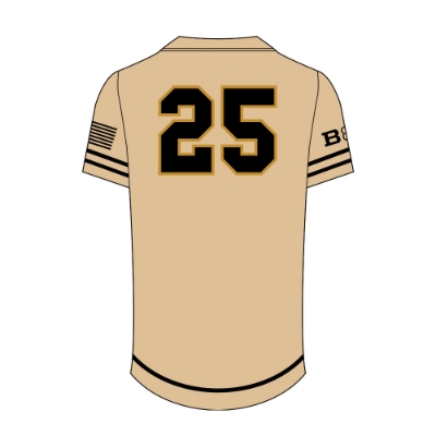 Front view of tan Born & Raised Baseball Jersey with black and gold logo and sleeve stripes