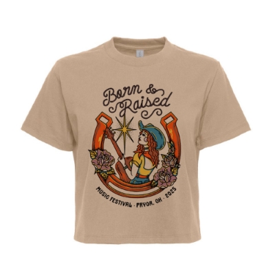 Born & Raised Cowgirl Crop front view with graphic of a redheaded cowgirl, horseshoe, stars, and roses