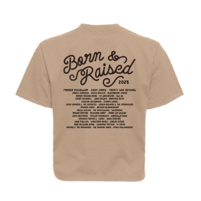 Born & Raised Cowgirl Crop front view with graphic of a redheaded cowgirl, horseshoe, stars, and roses