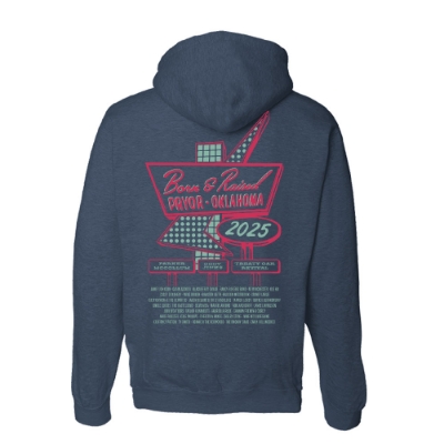 Born & Raised 2025 neon sign zip hoodie – front view showing left chest neon marquee graphic